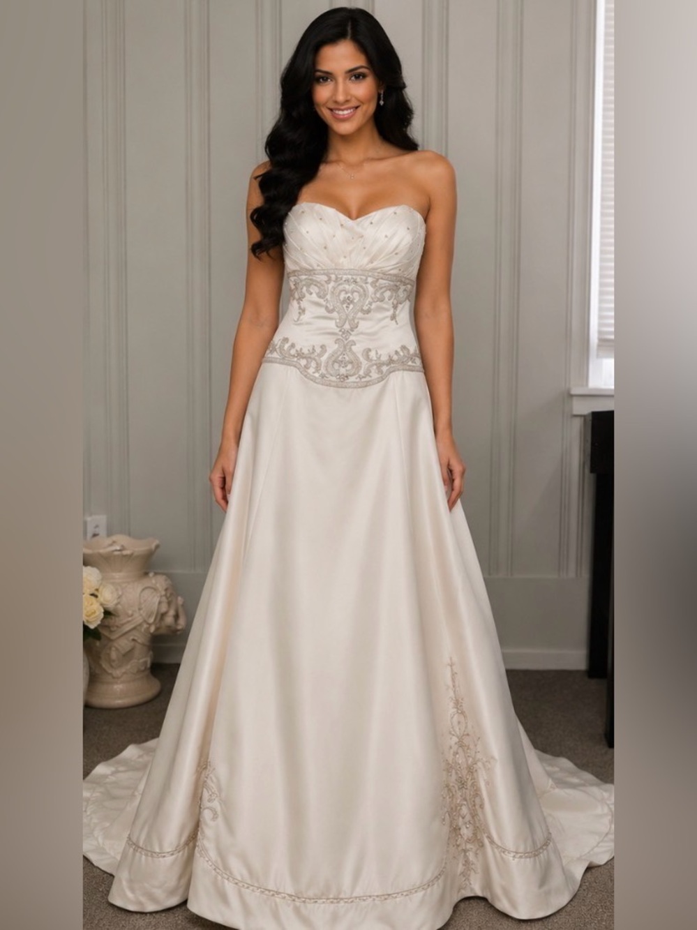 Strapless Ivory Wedding Dress with Beaded Waist Embellishment and train
